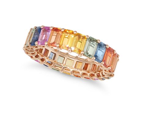 A MULTICOLOUR SAPPHIRE ETERNITY RING set all around with a row of octagonal step cut blue, green, yellow, orange and pink sap