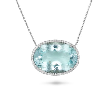 AN AQUAMARINE AND DIAMOND PENDANT NECKLACE in 18ct white gold, the pendant set with an oval cut aquamarine of 16.25 carats in