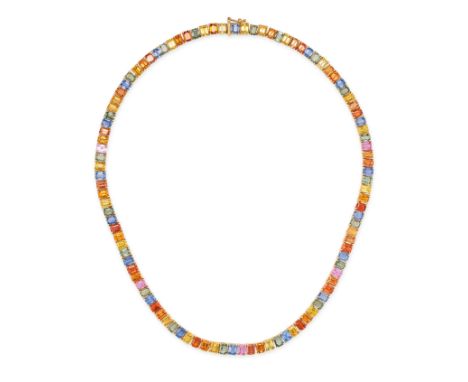 A MULTICOLOUR SAPPHIRE LINE NECKLACE comprising a row of octagonal step cut blue, yellow, green, orange and pink sapphires, t