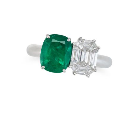 AN EMERALD AND DIAMOND DRESS RING set with a cushion cut emerald of 2.12 carats, accented by a step cut diamonds arranged in 