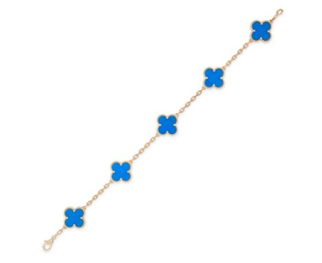 VAN CLEEF & ARPELS, A BLUE AGATE ALHAMBRA BRACELET in 18ct yellow gold, comprising five quatrefoil links set with blue agate,