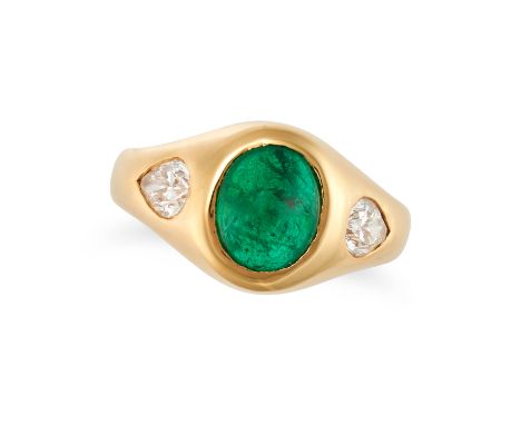 AN EMERALD AND DIAMOND GYPSY RING set with an oval cabochon emerald of approximately 1.89 carats accented on each side by a p