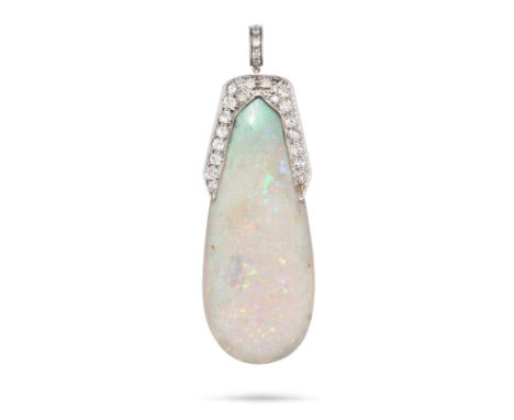 AN OPAL AND DIAMOND PENDANT set with a polished opal of approximately 40.80 carats accented by round cut diamonds, further ro