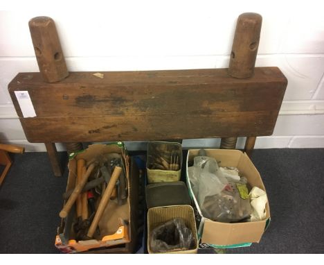 * Laying press. A large hardwood laying press, approximately 64cm (25 inches) between wooden screw threads, opening to 24cm (