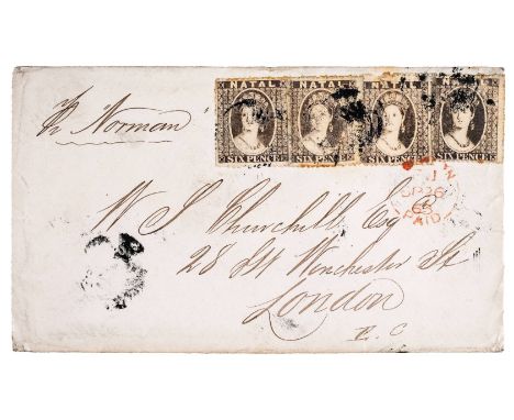 * Natal , 1863 (September), cover bearing QV 6d grey x four (2/- rate, SG 13), indistinctly cancelled. Addressed to London ‘P