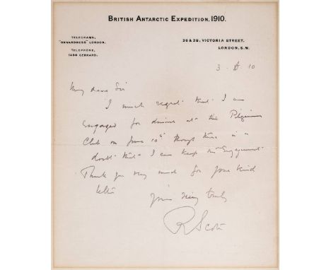 * Scott (Robert Falcon, 1868-1912). Autograph letter signed, 'R. Scott', British Antarctic Expedition, 1910 letterhead, 3 Jun