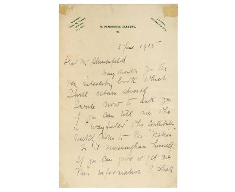 * Pankhurst (Emmeline, 1858-1928). Autograph letter signed, 'E. Pankhurst', 9 Pembridge Gardens, [London], 3 June 1915, to Ra