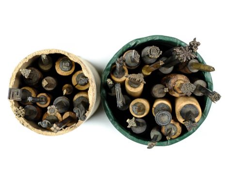 * Decorative finishing tools. 32 decorative brass finishing tools, mostly centre & detail tools of traditional design, makers