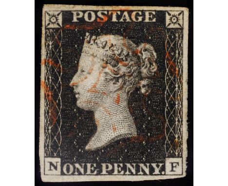 * Great Britain, 1840 1d Black (N F), four good margins, light red MX, small stain lower right. SG 2 (£375) . (Qty: 1)