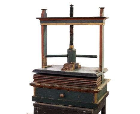 * Bookpress. An attractive 19th century wooden press on later stand, finished in black and dark green paint with red &amp; go