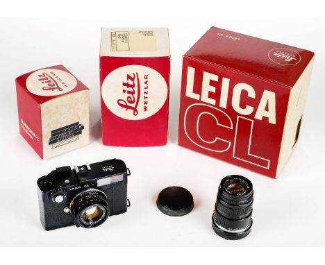 * Leica CL with Summicron 40mm and Elmar 90mm. Leica CL black rangefinder camera, Serial number 1319908, good cosmetic condit