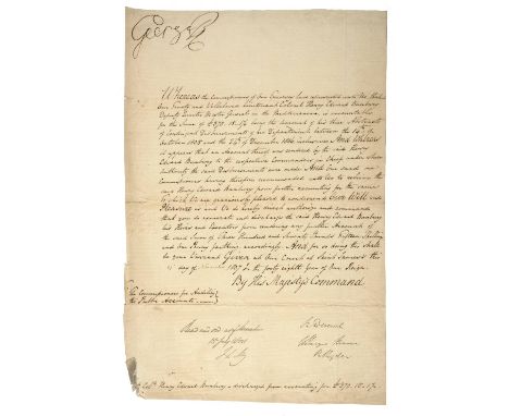 * George III. A signed manuscript document for discharge of accounts for Lieutenant Colonel Henry Edward Bunbury, Deputy Quar