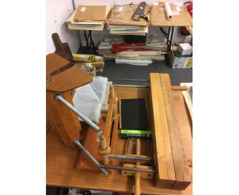 * Laying press and bookbinding equipment. A modern hardwood laying press, 61cm (24inches) between metal screw threads, openin