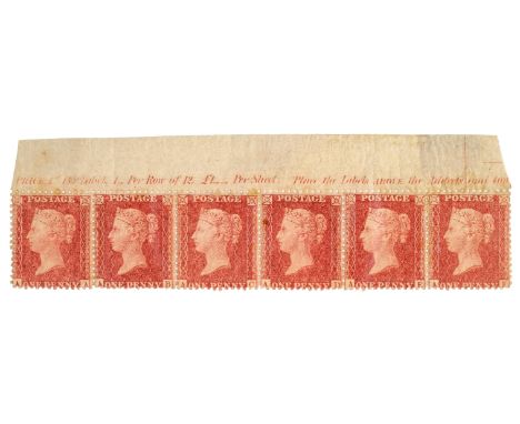 * Great Britain, 1857 1d rose-red, la r ge Crown perf. 14. Upper marginal horizontal strip of six (A A / A F), showing inscri