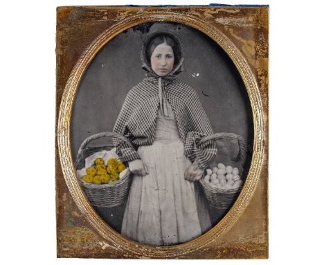 * Hampshire ambrotype. Portrait of a farm girl, 1850s, tinted sixth-plate ambrotype of a three-quarter length young girl carr