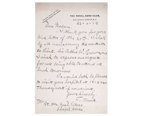 * Alcock (John William, 1892-1919). Autograph letter signed, 'J. Alcock', The Royal Aero Club letterhead, 23 June 1919, to th