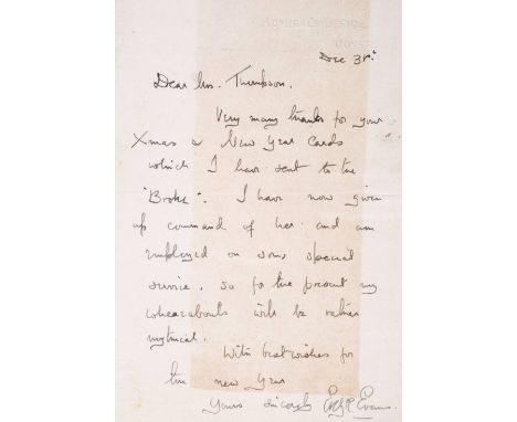 * Evans (Edward Ratcliffe Garth Russell, 1881-1957). Autograph letter signed, 'E.R.G.R. Evans', Admiral's Office, Dover lette