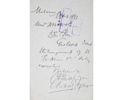 * Elgar (Edward, 1857-1934). Autograph letter signed, 'Edward Elgar', Malvern, 3 October 1897, to Novello &amp; Co., a brief 