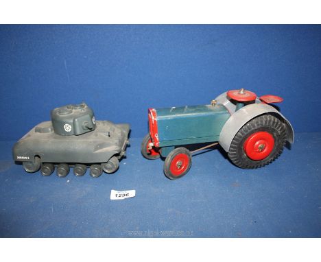 A model wooden tractor by S.T Wembley Ltd Greenford Middlesex, made in England together with an Army tank by Tri-ang model no