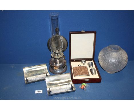 A small quantity of miscellanea including cased hip flask and cups, table crumb sweepers with initials engraved, wall mounted