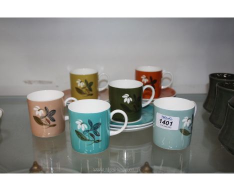 Six Wedgwood Susie Cooper flower motif pattern (series B) coffee cans and saucers.
