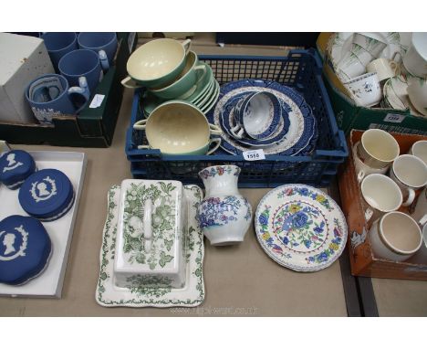 A quantity of china including Mason's cheese dish, vase and plates, Booths 'Old Willow' , Minton's 'Solanoware' soup bowls an