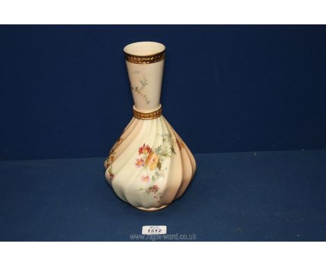 A Royal Worcester blush ivory bottle Vase with twist fluted body and banded gilt neck with all-over painted with meadow flowe