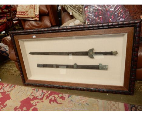 A simulated bamboo darkwood box frame containing a Chinoiserie J'ian style sword and scabbard, 32 1/2'' x 59 1/2'' overall.