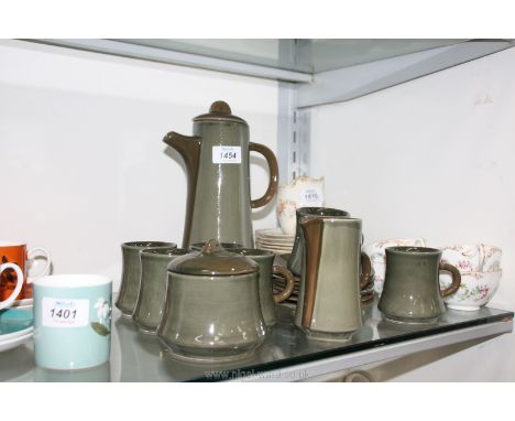 A Cornwall Green Coffee set to include six mugs (one a/f) and saucers, coffee pot, sugar bowl and creamer.