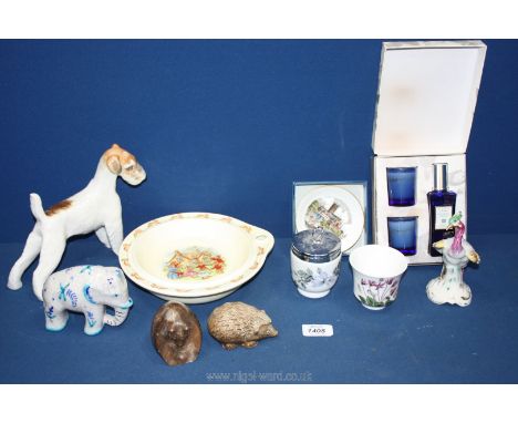 A quantity of china including animal figures, USSR wire fox terrier, elephant, exotic bird etc, Bunnykins dish, Royal Worcest