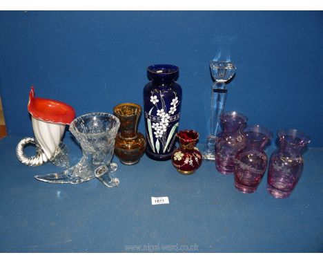 A box of miscellaneous glass to include a cut glass trumpet style glass, candlestick and 3 pink vases engraved with fuchsias 