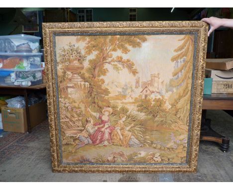 A large machine made framed Tapestry depicting two girls fishing in a stream, 48'' wide x 55'' high approx.