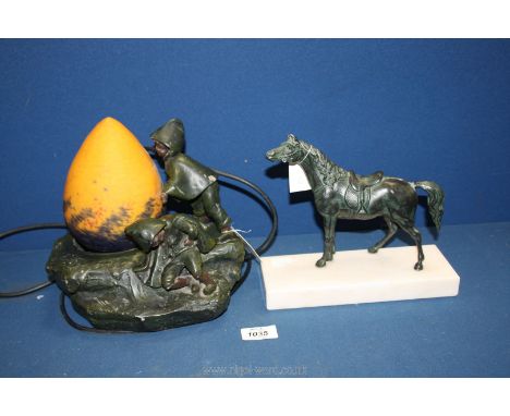 An Auguste Moreau style lamp with orange egg shaped shade featuring children playing on a rock, 9" tall and a metal horse fig