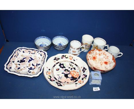 Two Mason's plates in Mandarin and Mandalay, an oriental bowl and four small ones, Hong Kong mark to bases, Coalport, Doulton