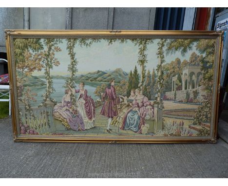 A large machine made framed Tapestry depicting several ladies seated on a promenade adjacent to a lake, 86'' wide x 46'' high
