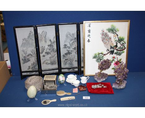 A small quantity of miscellanea including four fold oriental table screen, doll's mirror, hairbrush, cups and saucers, two ge