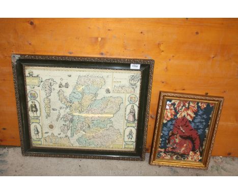 A copy of a John Speed map 'Kingdom of Scotland', frame damaged, 23'' x 19 1/2'' and a framed tapestry of a Red Squirrel, 14'