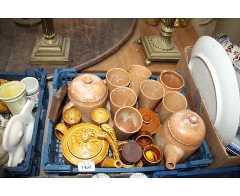 A studio pottery part coffee set in rust colour, Hornsea pots, egg cups and cruet set, Royal Worcester Crown ware in yellow e