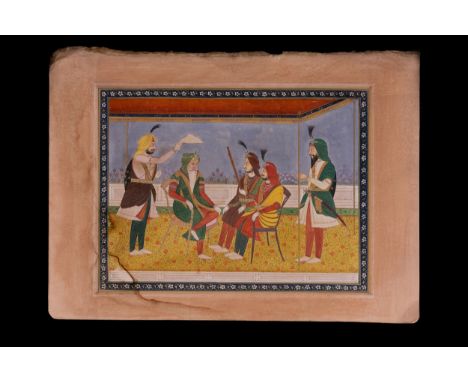 An Indian Miniature Painting of Maharaja Ranjit Singh Seated Among Dignitaries, Circa 1942.A refined Indian miniature paintin