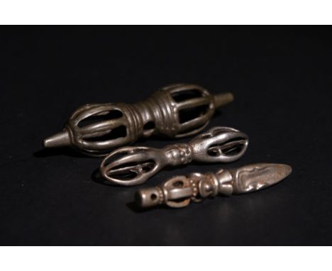 **NO RESERVE**A Lot of Three Tibetan Buddhist Vajras with Ritual Dagger.This set includes three Tibetan Buddhist ritual imple