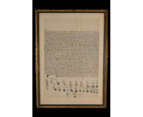 **NO RESERVE**An Indian Firman Manuscript Letter with Multiple Seals, 19th Century.A Indian framed firman from the 19th centu