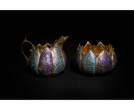 **NO RESERVE**An Indian Kashmiri Mughal Gilt and Enamel Milk Jug and Sugar Bowl, 19th Century.A Kashmiri Mughal gilt milk jug