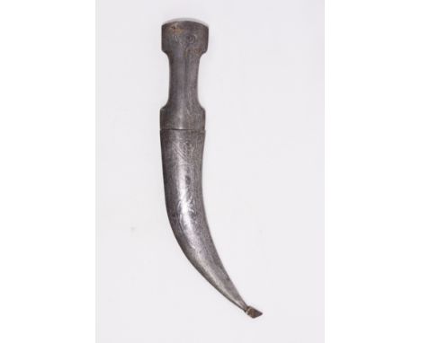 **NO RESERVE**An Indian Iron Dagger with Silver Inlay, 19th Century.An iron dagger with a curved blade, featuring intricate s