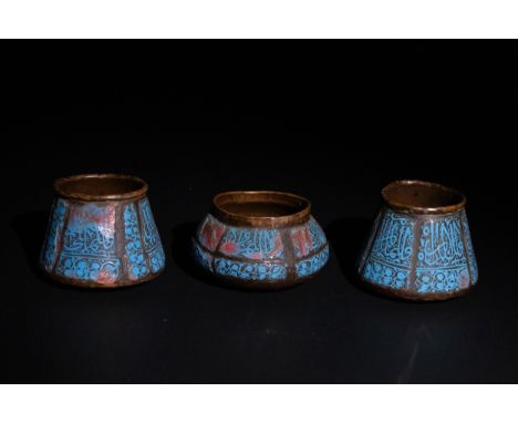 **NO RESERVE**A Lot of Three Islamic Middle Eastern Copper Bowls with Blue Enamel.A lot of three copper bowls, each featuring