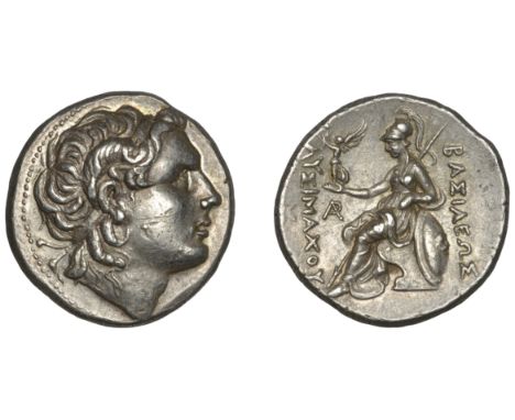KINGS OF THRACE, Lysimachos, Tetradrachm, uncertain mint mark, horned bust of Alexander right, Athena seated left, holding Ni