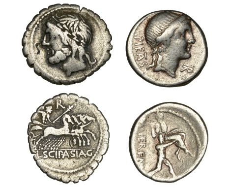 M. Herennius, Denarius, c. 108-7, diademed head of Pietas right, pietas behind, control mark r before, rev. one of the Catana