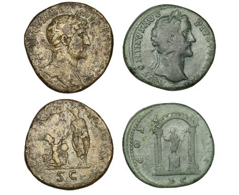 Hadrian, Sestertius, 120-1, laureate bust right, traces of drapery on far shoulder, rev. Orbis, towered, kneeling right, hold