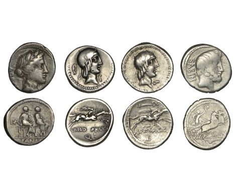 L. Calpurnius Piso Frugi, Denarius, c. 90, laureate head of Apollo right, control symbol below chin, possibly a patera, rev. 