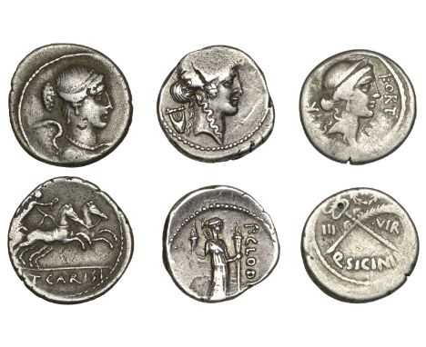 Q. Sicinius, Denarius, Rome, c. 49, diademed head of Fortune right, fort before, p r behind, rev. palm-branch and caduceus in