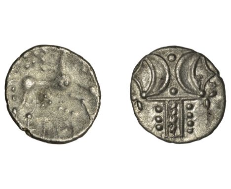 British Iron Age, ICENI, Antedios, silver Unit, double crescent emblem on vertical wreath, rev. horse right, antd monogram, t